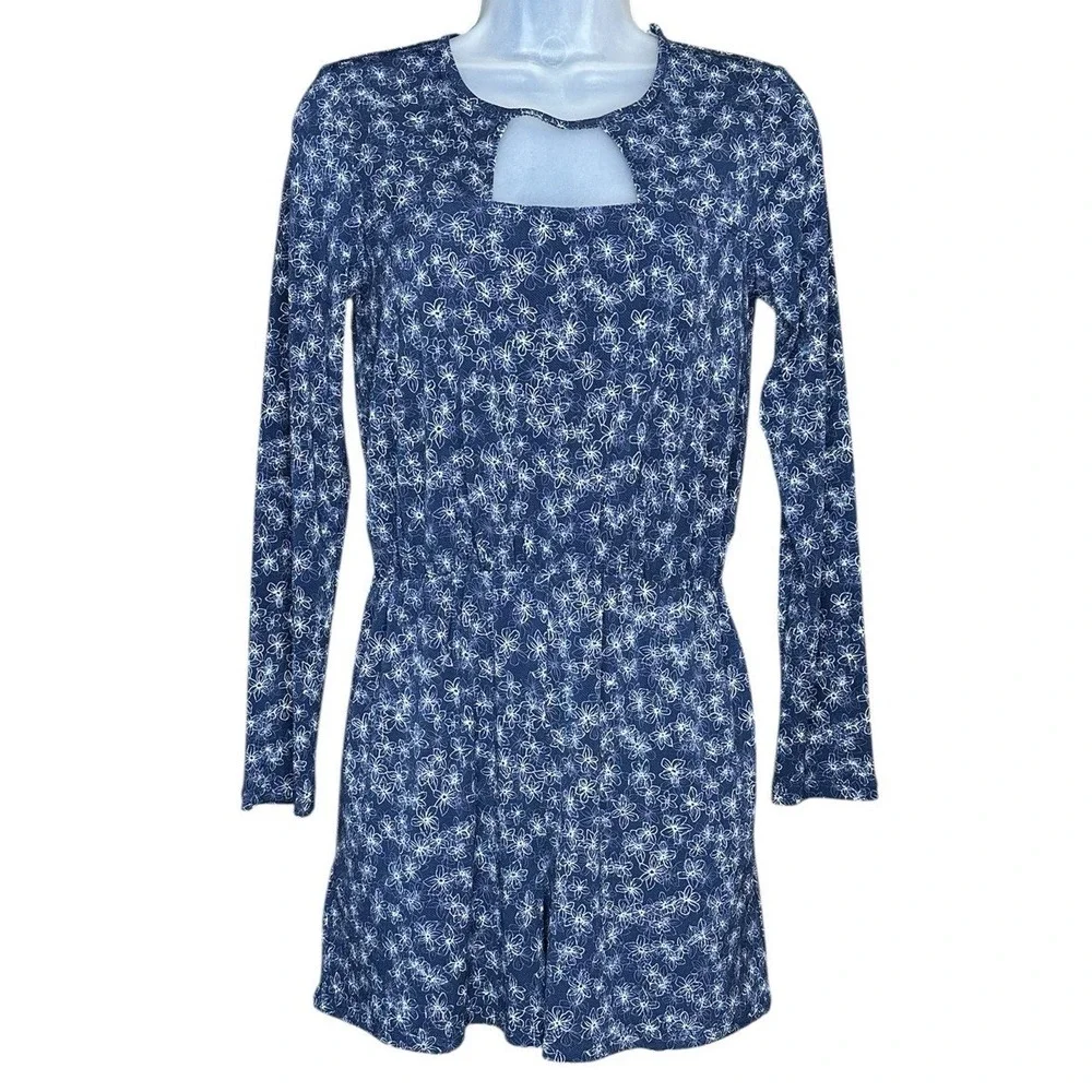 BCBGeneration Romper Women Size XS Navy Blue Floral Long Sleeve Cut Out Boho New